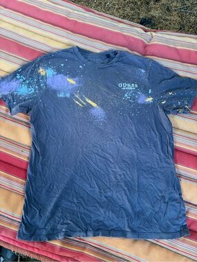 GUESS Navy Short-Sleeve Tee with Blue, Purple & Yellow Paint-Splash
